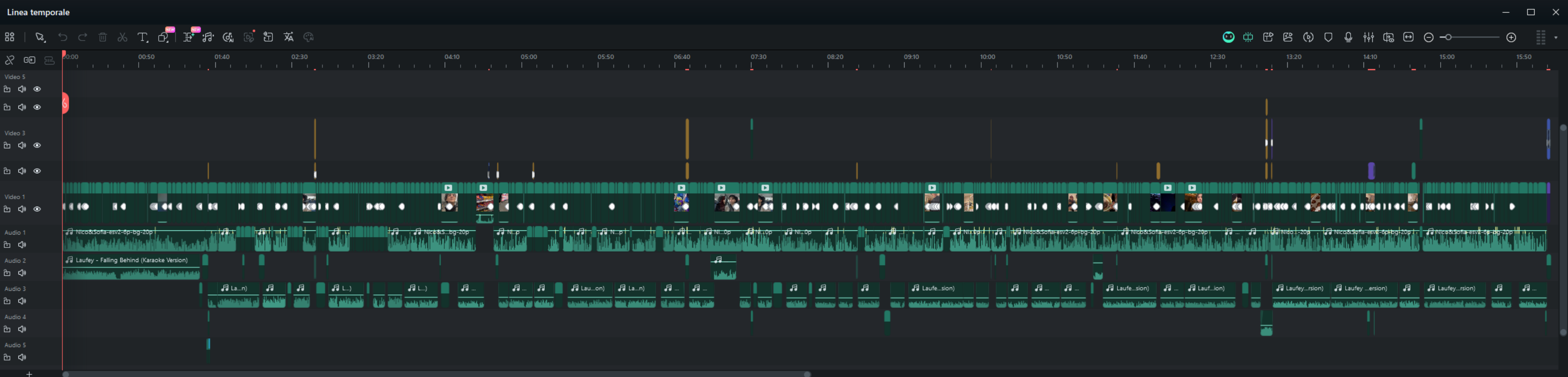 Timeline del terzo progetto, con molti tagli ravvicinati e livelli dedicati a voce, musica ed effetti sonori.